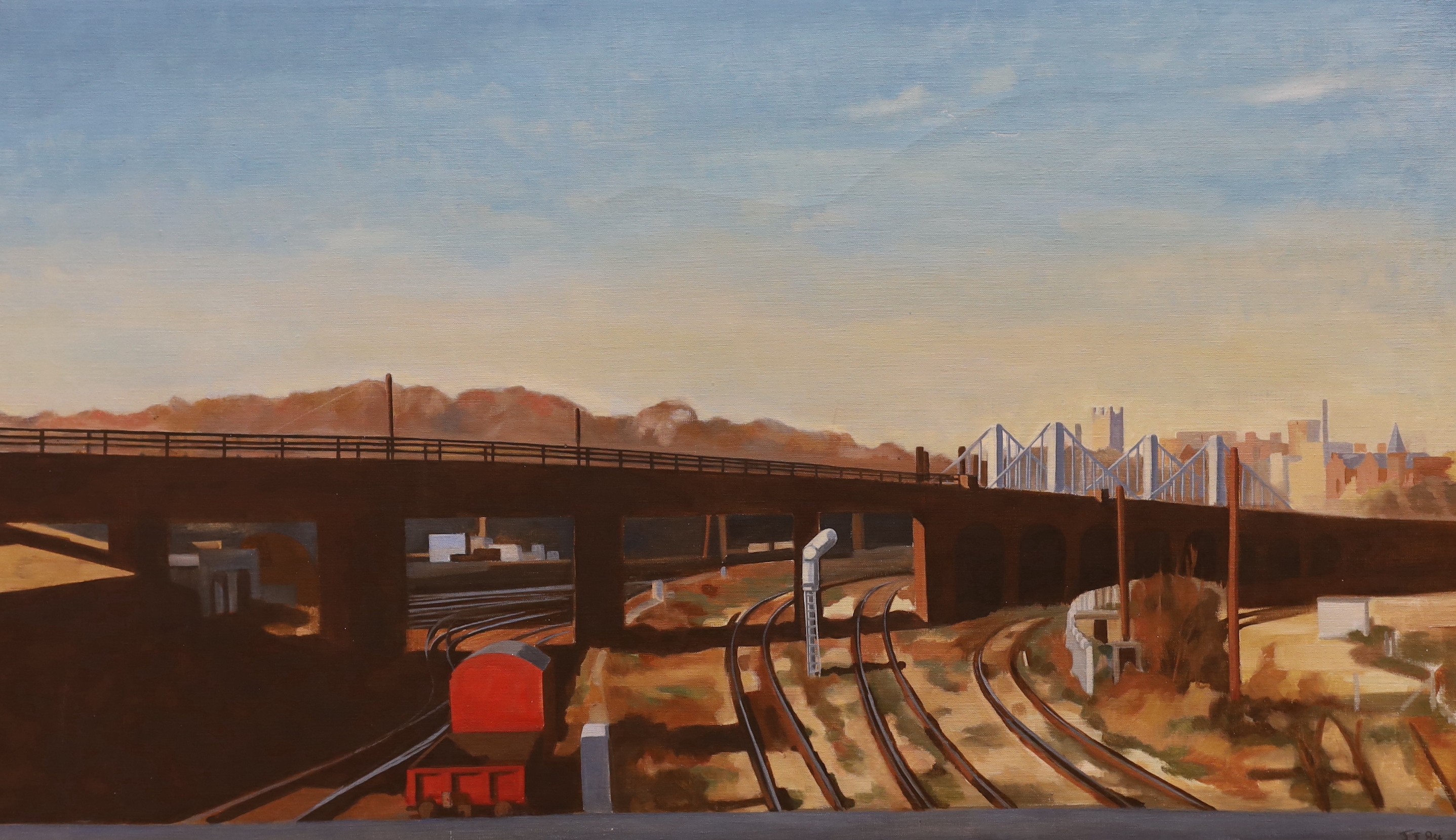 John James (b.1947), oil on canvas, Railway tracks with a castle beyond, initialled and dated ’84, 64 x 102cm